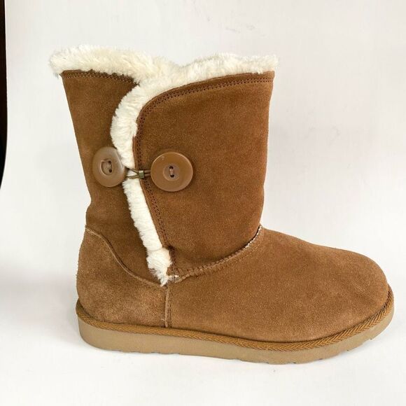 SO Sigma Chestnut Suede Leather Fur Lined Boot Button Detail Tan Cream Size 8 - Picture 2 of 9